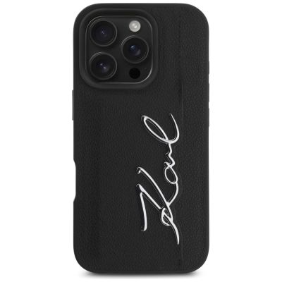 3. Karl Lagerfeld HC Grained PU Cardslot Metal Signature iPhone 16 Pro Case - Black