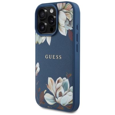 2. Guess Grained Printed Flower Pattern MagSafe case for iPhone 16 Pro blue