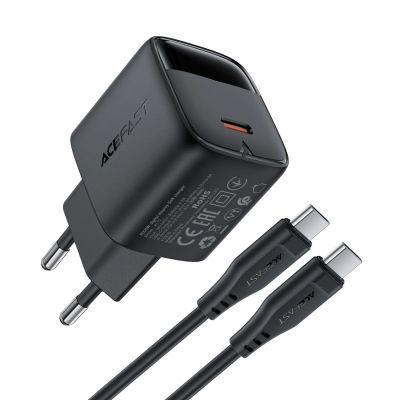 2. Acefast A113 GaN PD 20W USB-C Wall Charger with Display with USB-C Cable - Black