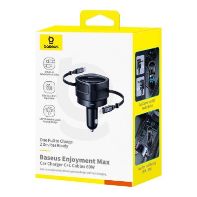 4. Baseus Enjoyment Max 60W Car Charger with Retractable USB-C and Lightning Cables - Black