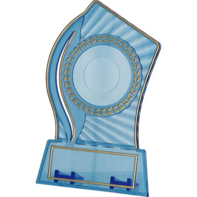 7. Plastic trophy - transparent - gold with space for a 25/40mm sticker and a 56mmX18mm TM plaque