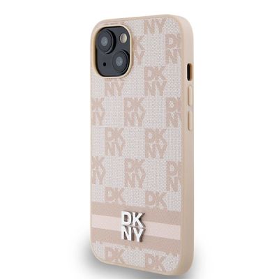 2. DKNY Leather Checkered Mono Pattern & Printed Stripes case for iPhone 15 / 14 / 13 - pink