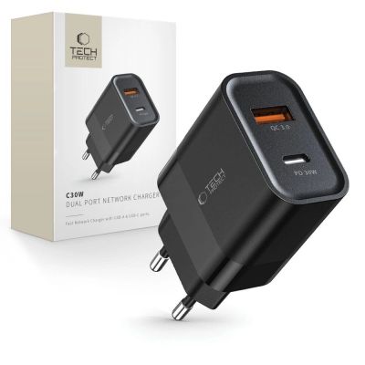 Tech-Protect C30W Charger USB-C PD 30W / USB-A QC 3.0 - Black