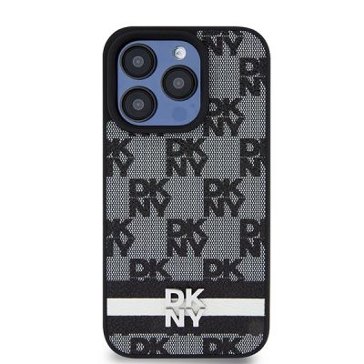3. DKNY Leather Checkered Mono Pattern & Printed Stripes iPhone 15 Pro Case - Black