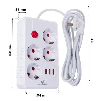 7. MACLEAN POWER STRIP, EXTENSION CORD 4 OUTLETS + 3XUSB, 110-240V AC 50/60HZ, 2.1A MAX 2500W, 3M, WHITE MCE393 W