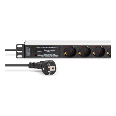 5. PDU Rack 19" power strip with surge protection + EMI/RFI filter, 7 Schuko CEE 7/3 (45°) sockets, 2m cable, Unischuko CEE 7/7 plug, 16A, aluminum