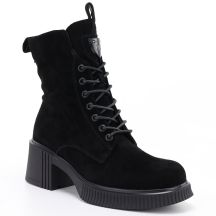 Women's leather ankle boots with a block heel and platform, black Vinceza 67009