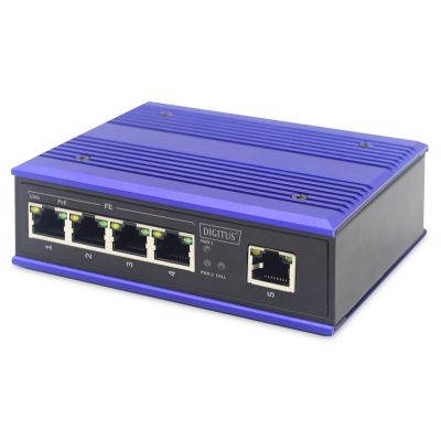 Industrial switch 4x 100 Base-TX PoE 120W + 1x uplink 100 Base-TX DIN extended temperature range.