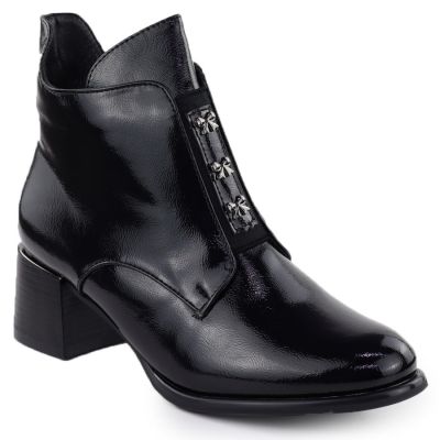 Black patent ankle boots for women with bows and block heel M.Daszyński 2481