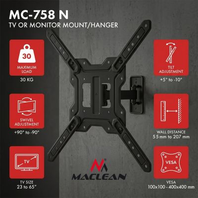 MACLEAN MOUNT / HANGER FOR TV OR MONITOR, MAX. 23-65", MAX. LOAD 30KG, UNIVERSAL, MAX. VESA 400X400 MC-758 N