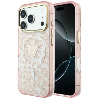 Guess IML Leopard Glitter Triangle Logo MagSafe Case for iPhone 17 Pro / 18 Pro - Pink