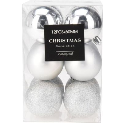 26. DECORATIVE PLASTIC BAUBLE SAFE 12 PCS DIA 60MM SILVER