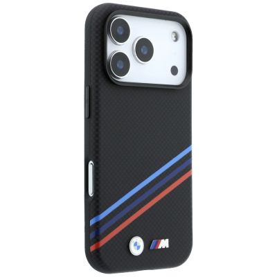4. BMW M Quadrille Kevlar Print Tricolor Lines & Metal Logo MagSafe Case for iPhone 18 Pro Max / 17 Pro Max - Black