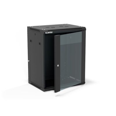 19" 15U 600x450 wall-mounted cabinet, (double-section option), single-leaf glass door, removable full rear panel, removable full side panels, lockable, 4 beams, black, for self-assembly - Flat Pack, ALANTEC