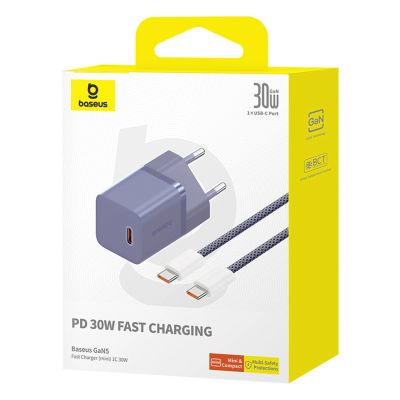 8. Baseus GaN5 30W USB-C EU Wall Charger with Purple Cable Baseus Dynamic 3 USB-C 100W 1m - Purple