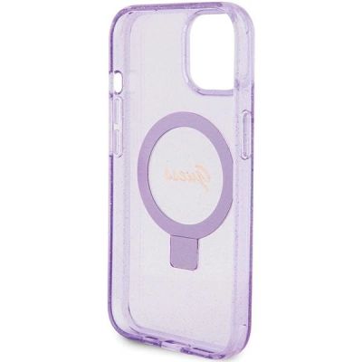 7. Guess Ring Stand Script Glitter MagSafe case for iPhone 15 Plus / 14 Plus - purple