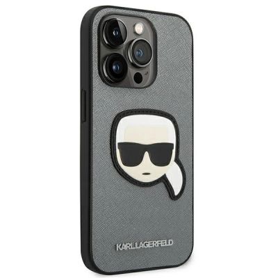 4. Karl Lagerfeld Saffiano Karl's Head Patch Case for iPhone 14 Pro - Silver
