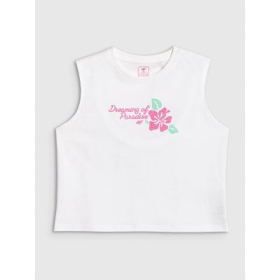 5. Girls' sleeveless T-shirt with print 4F 4FJRSS26TSLEF328-11S