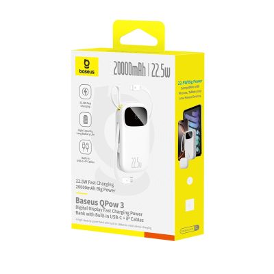 4. Baseus EnerFill FC31 20000mAh 22.5W Powerbank with Digital Display and 2 Built-in Cables (USB-C + Lightning) - White