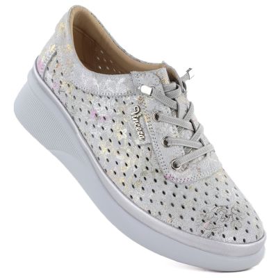 Women's leather openwork wedge shoes, gray Vinceza 79603