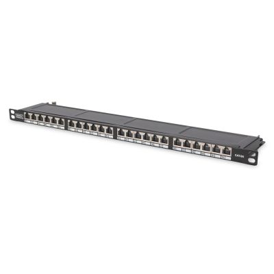 9. High density patch panel 19'' 24x RJ45, LSA level, cat.6, shielded, 0.5U, black, cable guide