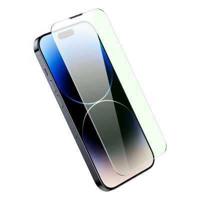 4. Baseus Full Screen Tempered Glass for iPhone 14 Pro Max with Anti Blue Light Filter and 0.3mm Speaker Cover + Mounting Frame
