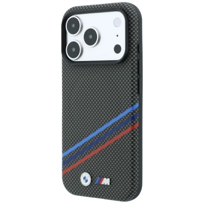 2. BMW M Quadrille Kevlar Print Tricolor Lines & Metal Logo MagSafe Case for iPhone 18 Pro / 17 Pro - Dark Gray