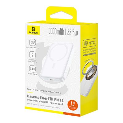 6. Baseus EnerFill FM11 Ultra-Mini 10000mAh 22.5W MagSafe Compatible Power Bank with Baseus Simple USB-C 20V/3A 30cm Cable - White