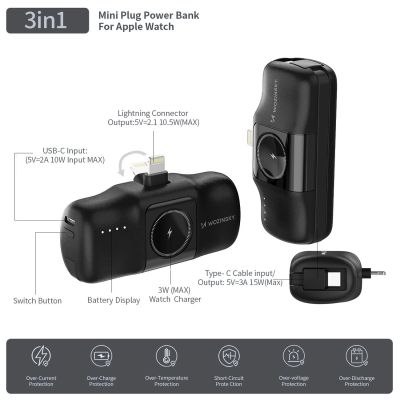 12. Wozinsky WF16-YLS 5000mAh 15W Lightning Mini Power Bank with Built-in USB-C Cable and Apple Watch Charger - Black