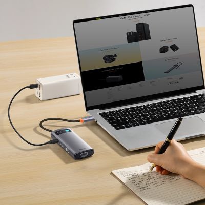 7. Baseus Metal Gleam Series HUB 7-in-1 USB Type C docking station - 1 x HDMI / 1 x VGA / 3 x USB 3.2 Gen. 1 / 1 x Power Delivery / 1 x RJ-45 Ethernet gray (WKWG040013)