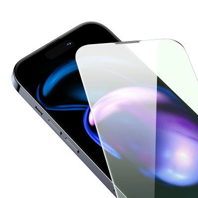 7. Baseus Full Screen Tempered Glass for iPhone 14 Pro with Anti Blue Light Filter and 0.3mm Speaker Cover + Mounting Frame