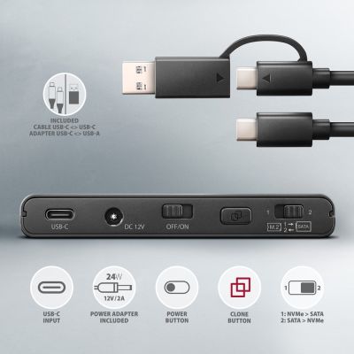 8. Axagon ADSA-CC USB-C 10Gbps - NVMe M.2 SSD & SATA 2.5/3.5 SSD/HDD CLONE MASTER 2 - Digital/Daten - NVMe USB 3.2 Gen 2 (3.1 Gen 2) Type-C Black