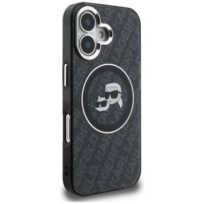 4. Karl Lagerfeld IML Glitter Karl & Choupette Heads Logo MagSafe Case for iPhone 16 - Black