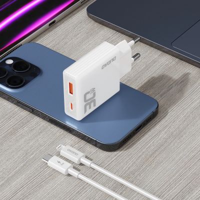 8. GaN Dudao A30EUL 30W USB-A / USB-C Wall Charger + USB-C - Lightning Cable - White