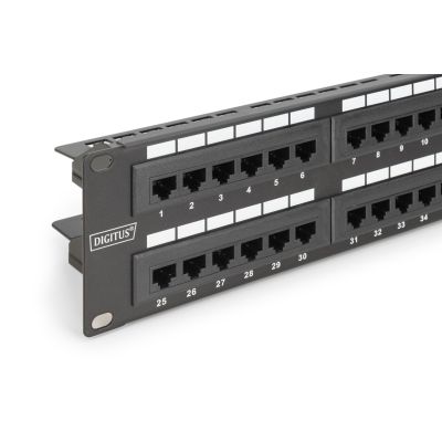 4. Digitus Patch Panel 19'' 48x RJ45, LSA vertical, cat.6, unshielded, 2U, black, cable guide, labeling fields
