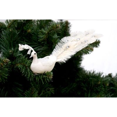 5. DECORATIVE PEACOCK ON A WHITE BAUBLE CLIP