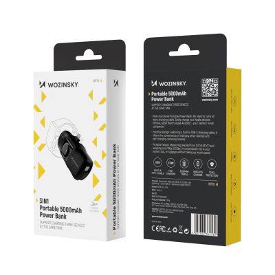 14. Wozinsky WF16-YLS 5000mAh 15W Lightning Mini Power Bank with Built-in USB-C Cable and Apple Watch Charger - Black
