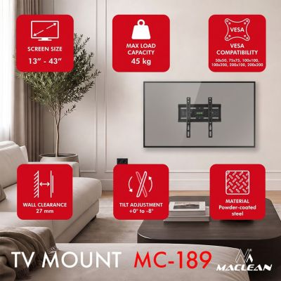 10. MACLEAN TV MOUNT / HANGER 13-43'' MACLEAN TV MOUNT / HANGER, MAX VESA 200X200, 13-43", UP TO 45KG, BLACK, TILT ADJUSTMENT