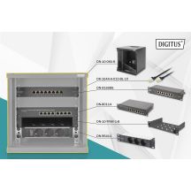 10" network kit: 6U wall-mounted cabinet, shelf, power strip, 8-port switch, Cat.6 panel, black
