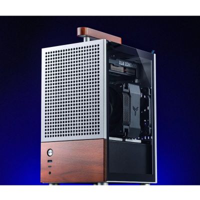 10. Jonsbo T6 Mini-Tower PC Case, Mini-ITX, Tempered Glass, Wood - Silver