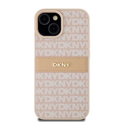 3. DKNY Leather Mono Stripe & Metal Logo Case for iPhone 15 Plus / 14 Plus - Pink