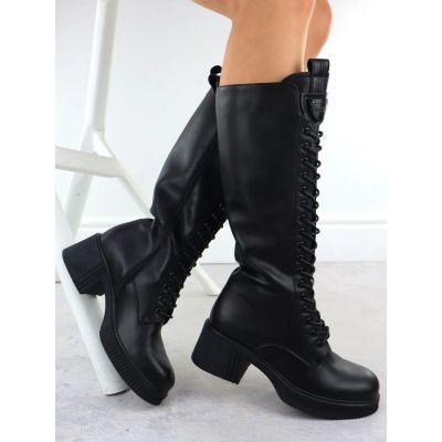7. Women’s Leather Lace-Up Officer Boots with Block Heel, Black, Vinceza 66804