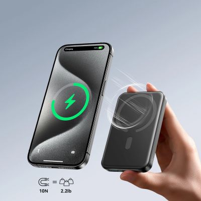8. Powerbank Joyroom JR-W020 Mini 5000mAh USB-A USB-C inductive 20W - black + USB-C / USB-C cable