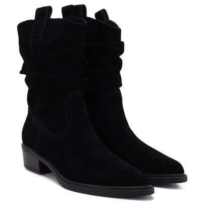 4. Black Ruched Leather Cowboy Ankle Boots for Women Sergio Leone BT-16-S