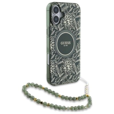 3. Guess IML Flowers Allover Electro With Pearl Strap MagSafe case for iPhone 16 - green