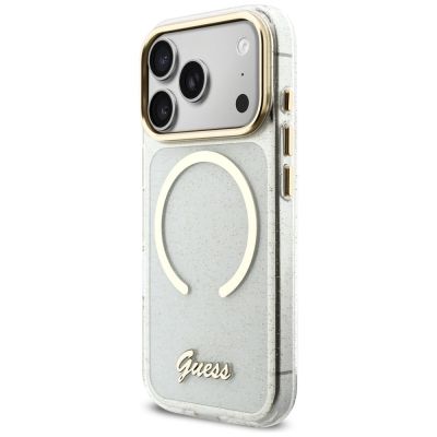 3. Guess IML Glitters Script Strap MagSafe Case for iPhone 17 Pro - Clear