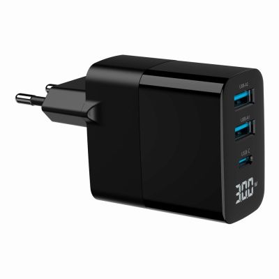 2. GEMBIRD 3-Port GaN USB Fast Mains Charger (PD) (2x USB-A + 1x USB Type-C), 30 W, LCD, Black
