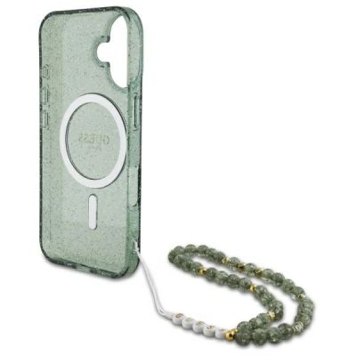 6. Guess IML Glitter With Pearl Strap MagSafe case for iPhone 16 - green
