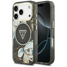 Guess IML Glitter Flowers Triangle MagSafe Case for iPhone 17 Pro / 18 Pro - Black