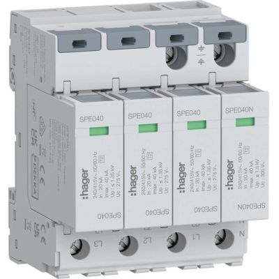 SPD Surge arrester T2 4P 3+1 TN-S/TT network In=20kA Up?1.35kV SPE440 Hager